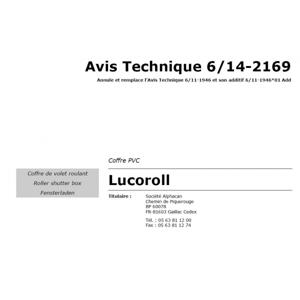 Avis technique - Bloc baie coffre PVC classic